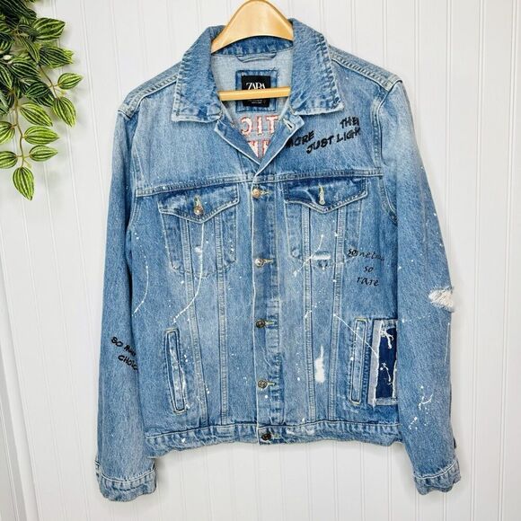 Zara Men’s Sz M Jean Denim Jacket Critical Thinker So Many Choices Just Light - Picture 7 of 16